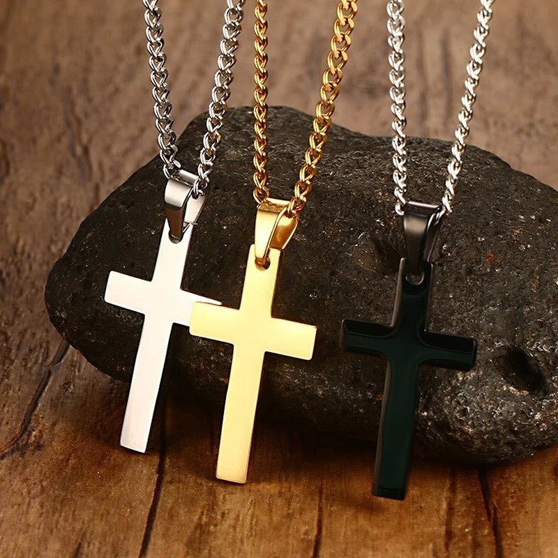 Classic Mens Cross Pendant Necklace 24" Stainless Steel Link Chain