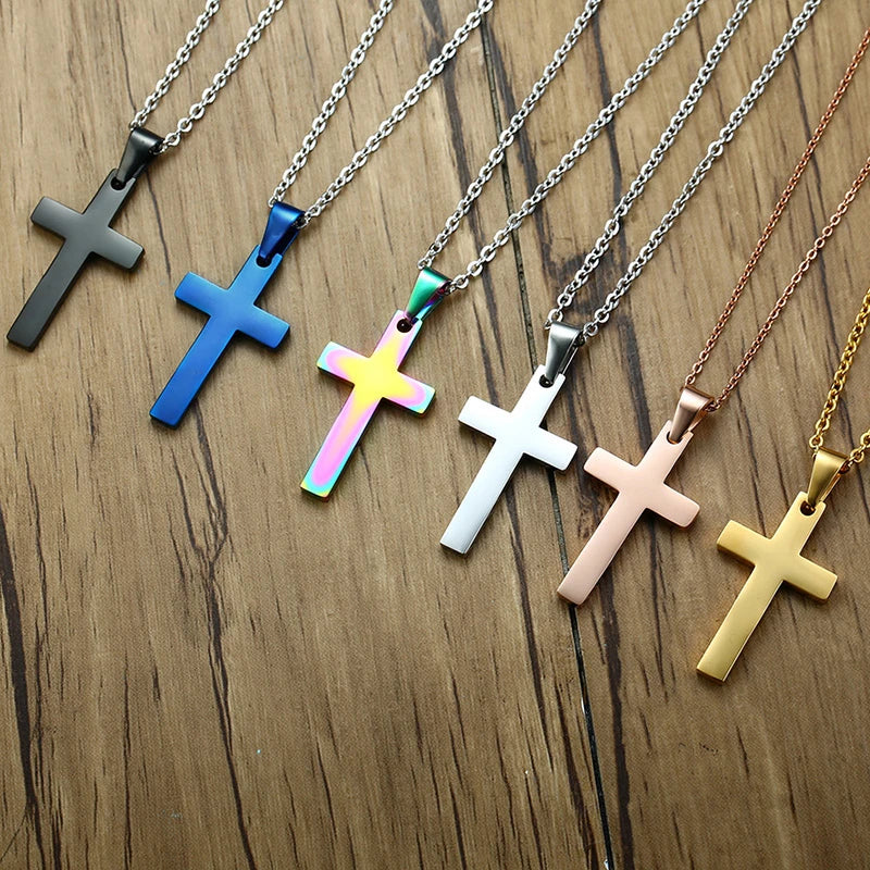 Classic Mens Cross Pendant Necklace 24" Stainless Steel Link Chain