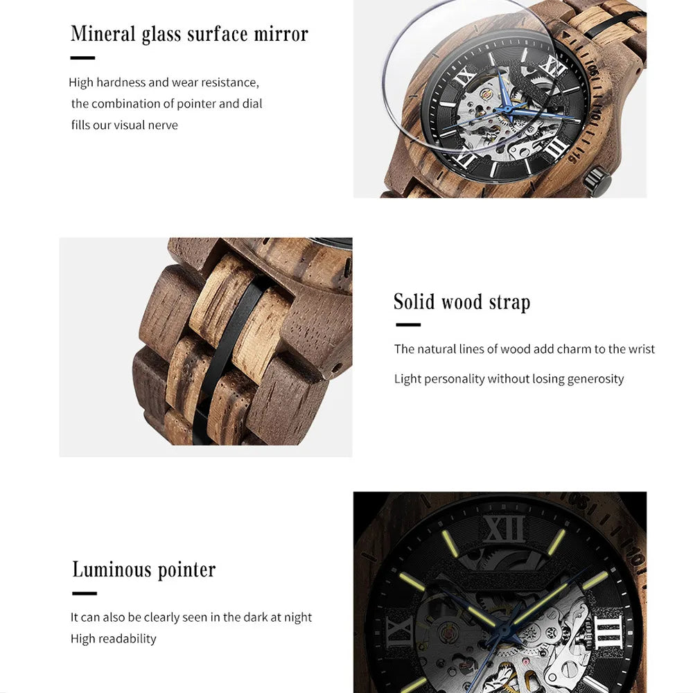 Mens Watch Automatic Wooden Mechanical Skeleton Dial Natural Wood