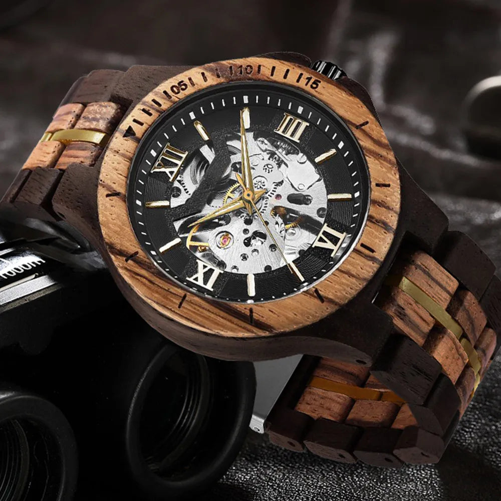 Mens Watch Automatic Wooden Mechanical Skeleton Dial Natural Wood